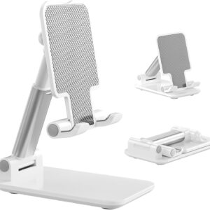 Phone Stand for Desk, Cell Phone Holder Cute Smart Cellphone Stand Foldable Stands Compatible with Under 8" Devices, Office Accessories, White-Silver