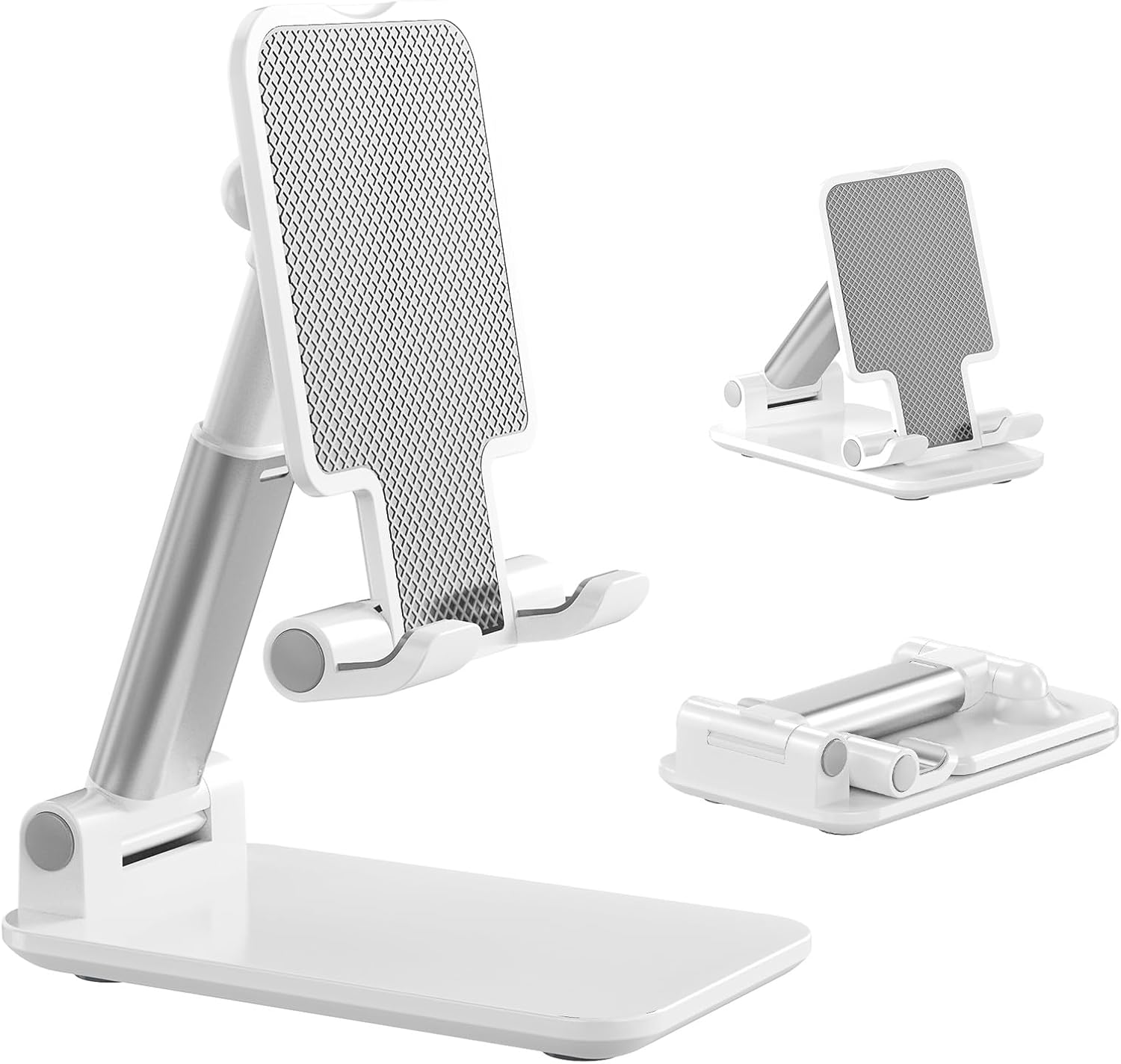 Phone Stand for Desk, Cell Phone Holder Cute Smart Cellphone Stand Foldable Stands Compatible with Under 8" Devices, Office Accessories, White-Silver