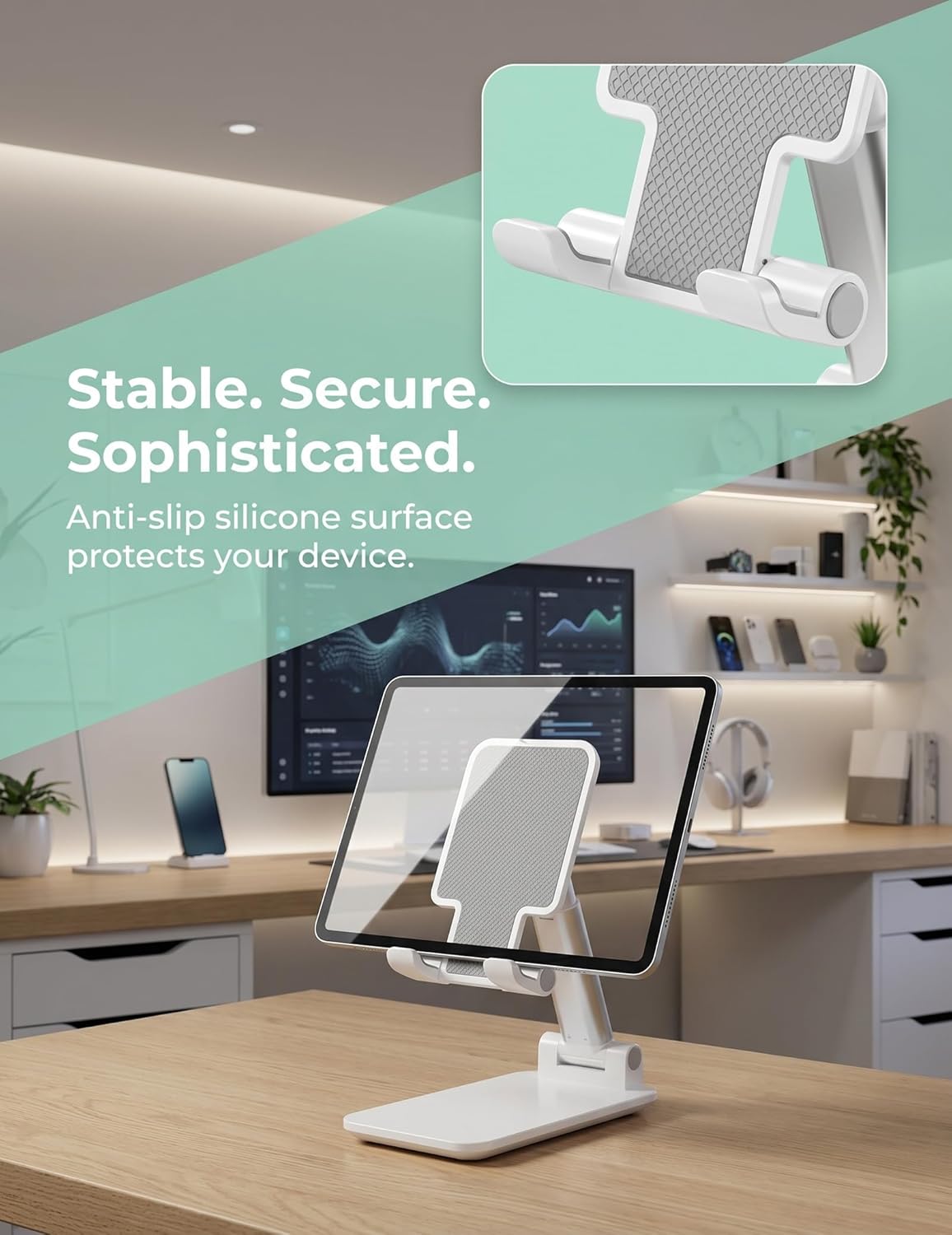 Phone Stand for Desk, Cell Phone Holder Cute Smart Cellphone Stand Foldable Stands Compatible with Under 8" Devices, Office Accessories, White-Silver - Image 3