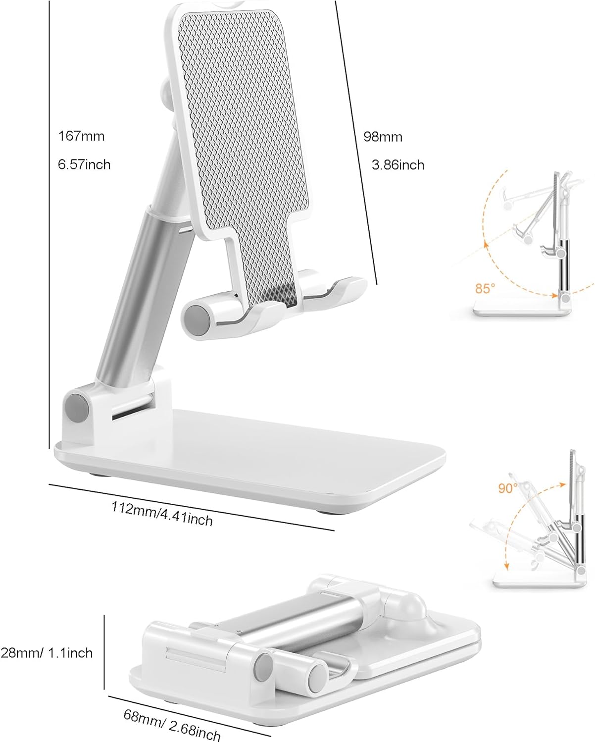 Phone Stand for Desk, Cell Phone Holder Cute Smart Cellphone Stand Foldable Stands Compatible with Under 8" Devices, Office Accessories, White-Silver - Image 6