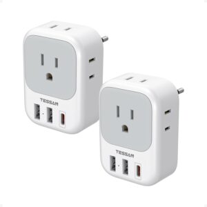 TESSAN 2 Pack European Travel Plug Adapter, Europe Power Converter 4 Outlets 3 USB(1 USB C PD 20W), Type C International Adaptor to Italy Spain France Portugal Iceland Germany, EU Travel Essentials